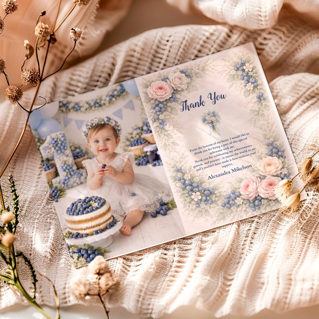 Photo Blueberry Berry First Garden 1st Birthday Dankeskarte (Von Creator hochgeladen)