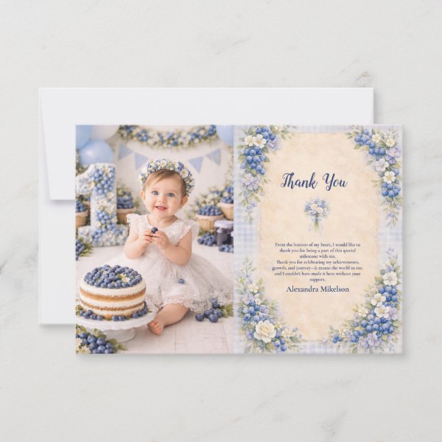Photo Blueberry Floral Storybook 1st Birthday Dankeskarte (Vorderseite)