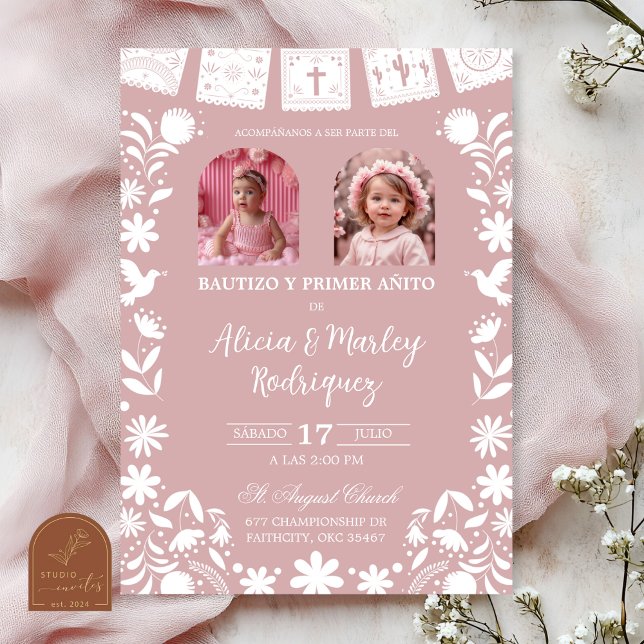 Photo Blush Pink Cielito Lindo Girl Twins Baptism Einladung (Von Creator hochgeladen)