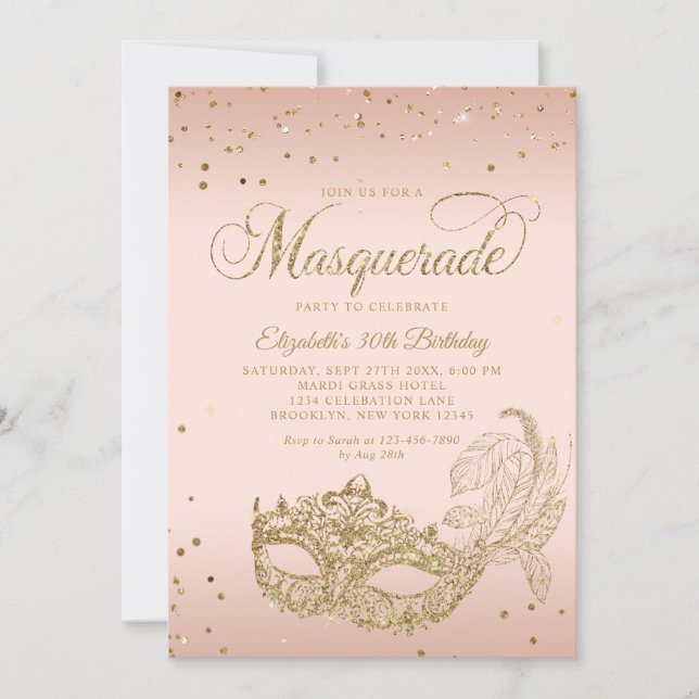 Photo Blush Pink Gold Glitter Masquerade Birthday Einladung (Vorderseite)