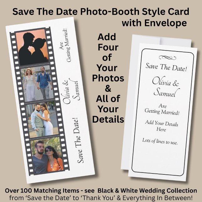 Photo Booth Style Save The Date  Black White Card (Von Creator hochgeladen)