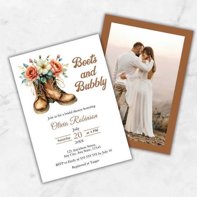 Photo Boots and Bubbly Western Bridal Shower Einladung (Photo Rustic Boots and Bubbly Western Bridal Shower Invitation   )