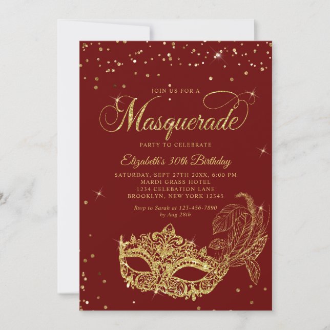 Photo Burgundy Gold Glitter Masquerade Birthday Einladung (Vorderseite)