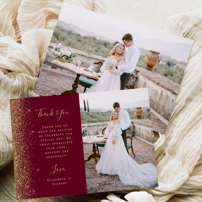 Photo Burgundy Red Gold Glitter Script Wedding Dankeskarte (Von Creator hochgeladen)