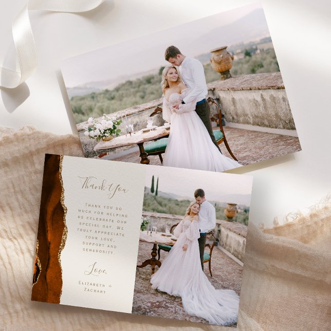 Photo Burnt Orange Agate Gold Ivory Script Wedding Dankeskarte (Von Creator hochgeladen)