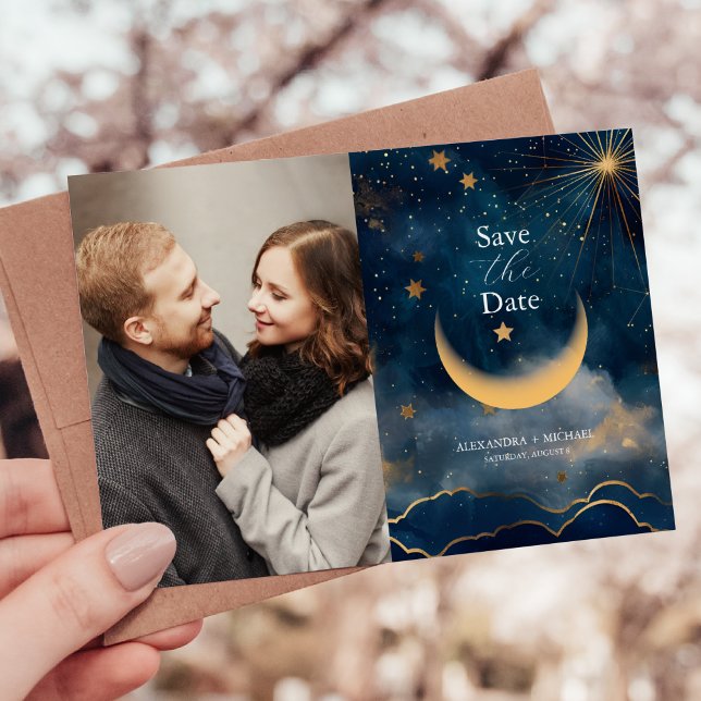 Photo Celestial Midnight Blue Stars Moon Wedding Save The Date (Von Creator hochgeladen)