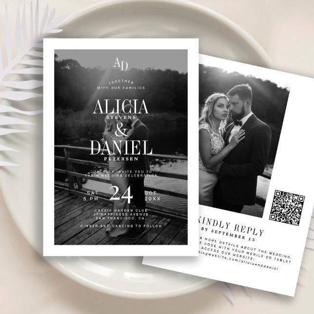 Photo classic black and white QR code RSVP wedding Einladung (Von Creator hochgeladen)