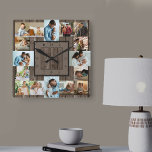 Photo Collage 16 Picture Brown Wood Numbered Quadratische Wanduhr<br><div class="desc">Photo wall clock with 16 of your favorite photos. The design has a rustic brown wood look background and stylish clock face with modern numbers. The photo template is ready for you to upload your photos, which are displayed in 2x portrait, 2x landscape and 12x square / instagram picture format....</div>