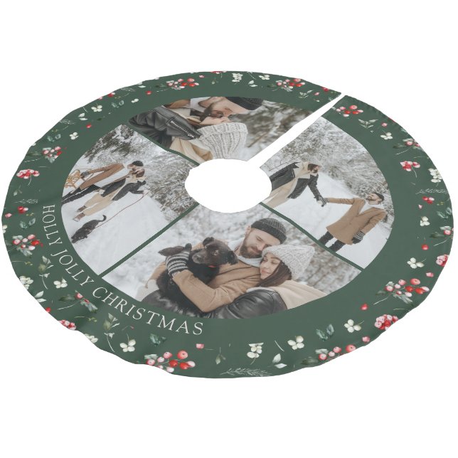 Photo Collage Berry Pattern Green Polyester Weihnachtsbaumdecke (Schrägansicht)