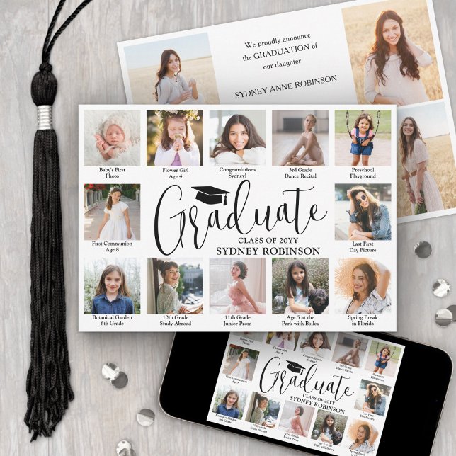 Photo Collage & Captions Trendy Script Graduation Ankündigung (Von Creator hochgeladen)