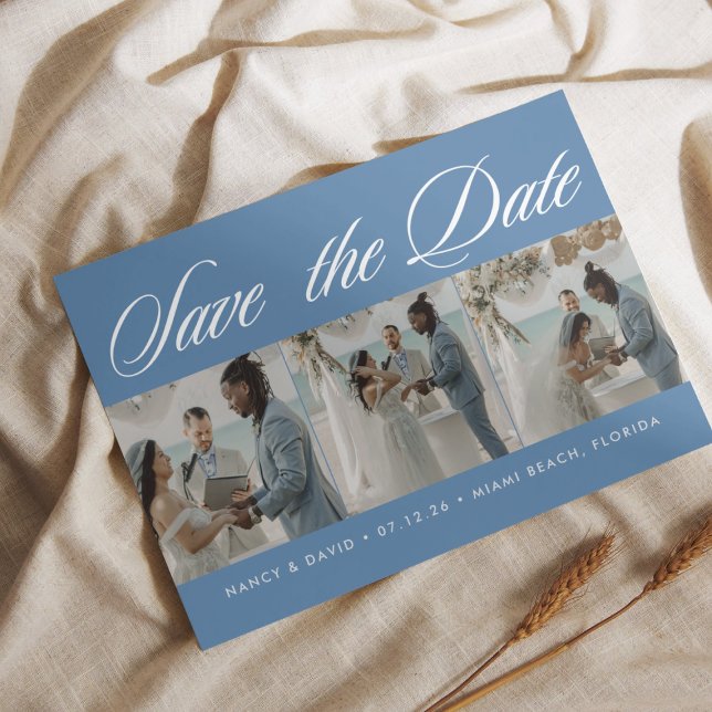 Photo Collage Dusty Blue Beach Wedding  Save The Date (Von Creator hochgeladen)