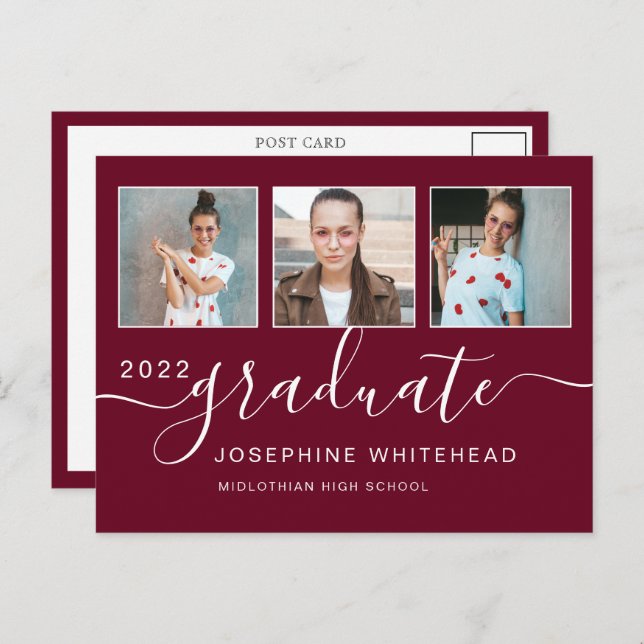 Photo Collage Graduation Minimal Burgundy Postkarte (Vorne/Hinten)