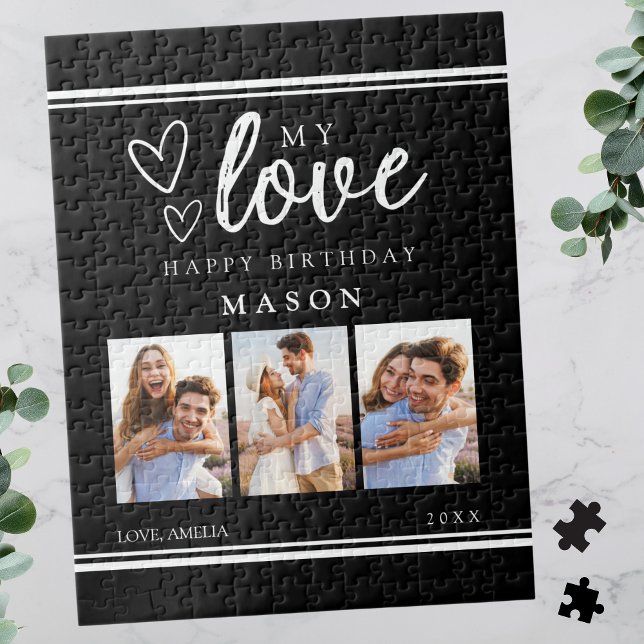 Photo Collage Modern Black Happy Birthday Puzzle (Photo Collage Modern Black Happy Birthday Jigsaw Puzzle)