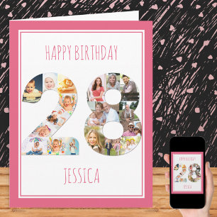 Photo Collage Number 28 Pink 28th Birthday Card Karte