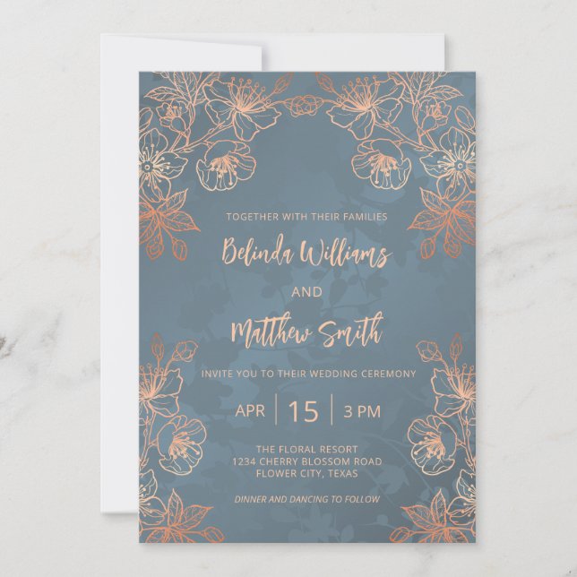 Photo Copper Gold Dusty Blue Wedding Einladung (Vorderseite)