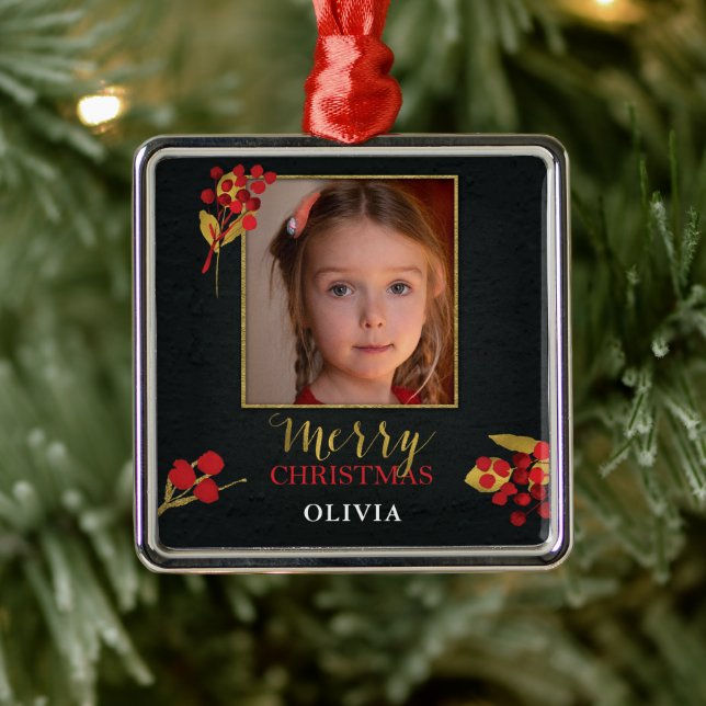 Photo Customizable Christmas Card, Black Gold Red Ornament Aus Metall (Baum)