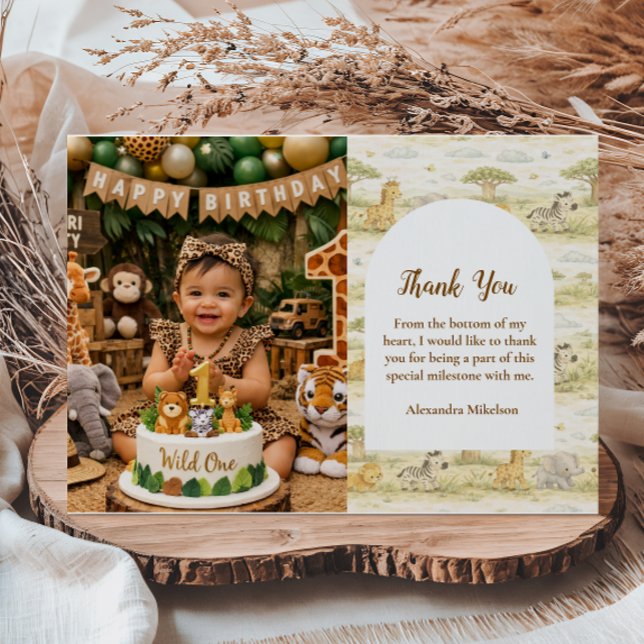 Photo Cute Neutral Safari Animals First Birthday Dankeskarte (Von Creator hochgeladen)