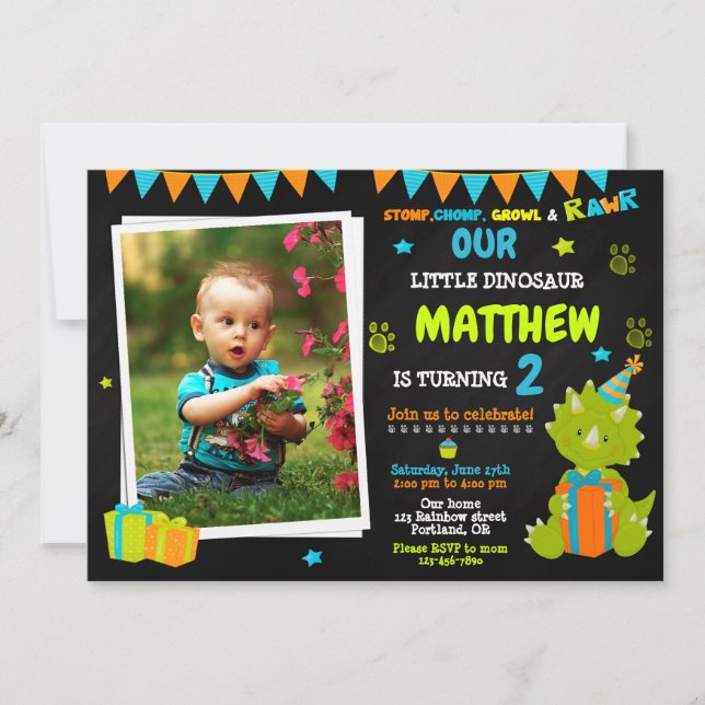 Photo Dinosaur birthday invitation - Dino party Einladung (Vorderseite)