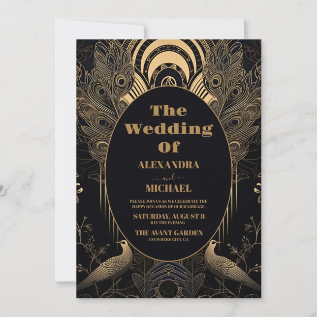 Photo Elegant Art Deco Peacocks Wedding Einladung (Vorderseite)