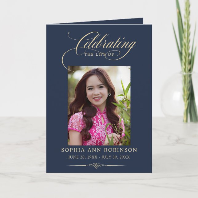 Photo Elegant Blue Gold Funeral Keepsake Program Karte (Vorderseite)