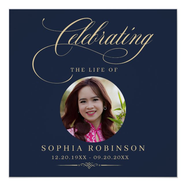Photo Elegant Blue Gold Script Funeral Memorial  Poster (Vorderseite)