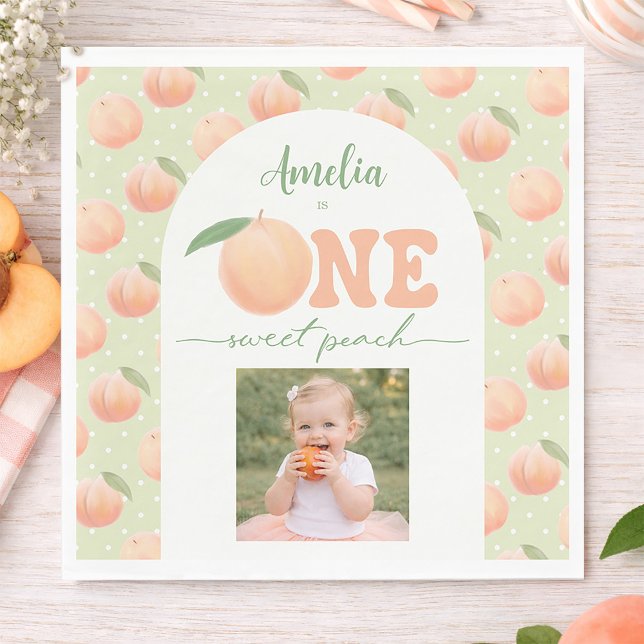 Photo First Birthday Party One Sweet Peach Party Serviette (Photo First Birthday Party One Sweet Peach Party Napkins)