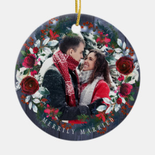 Photo First Christmas as Mr and Mrs rustic winter Keramik Ornament