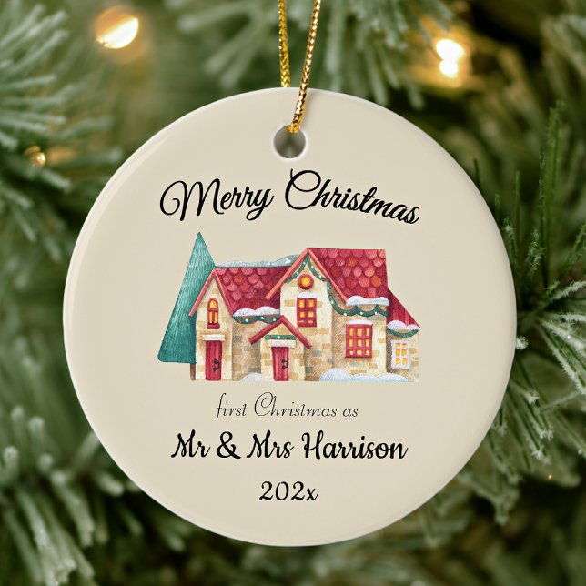 Photo First Christmas As Mr & Mrs Newlyweds Round Keramik Ornament (Von Creator hochgeladen)