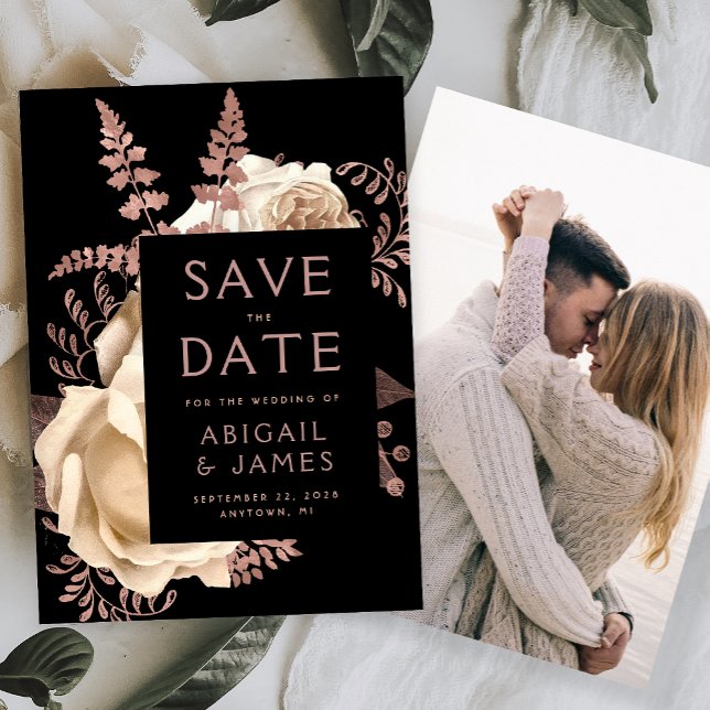 Photo Floral Ivory Rose Gold Save the Date Einladung (Von Creator hochgeladen)