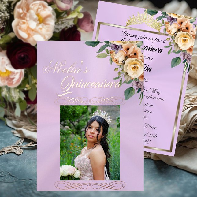  Photo & Floral on Pastel Lavender Quinceanera  Folieneinladung (Von Creator hochgeladen)