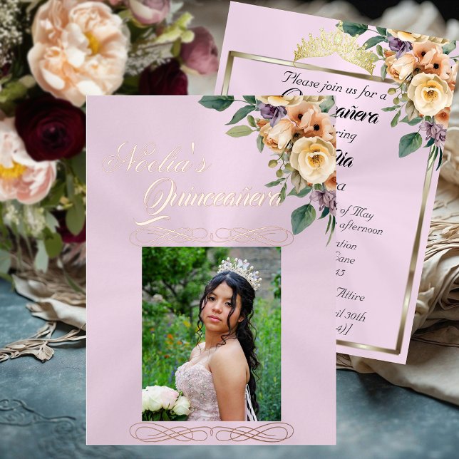  Photo & Floral on Pastel Pink Quinceanera  Folieneinladung (Von Creator hochgeladen)