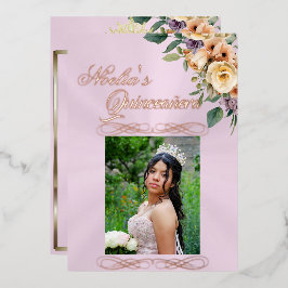 Photo & Floral on Pastel Pink Quinceanera Folieneinladung