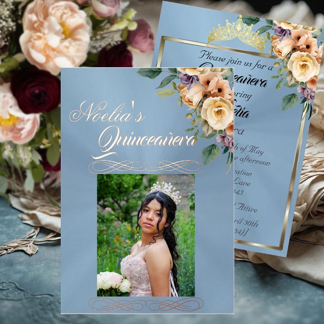 Photo & Floral - Pastel Blue Quinceanera Folieneinladung (Von Creator hochgeladen)
