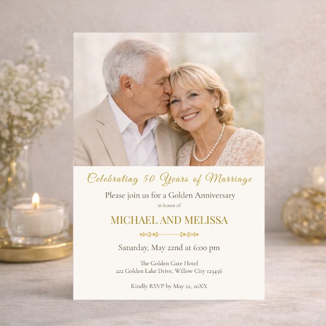 Photo Gold 50th Anniversary Elegant Couple Einladung (Soft candlelight highlights this romantic 50th anniversary invitation design)