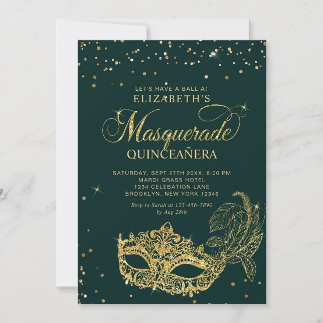 Photo Green Gold Glitter Masquerade Quinceañera Einladung (Vorderseite)