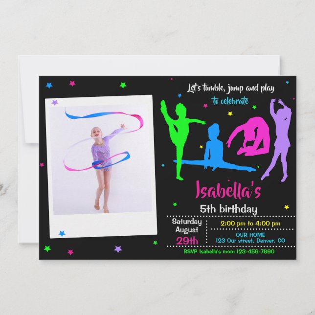 Photo Gymnastics birthday invitation Tumble play Einladung (Vorderseite)