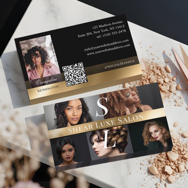 Photo Hair Salon Stylist Luxe Monogram Black Gold Visitenkarte (Photo Hair Salon Stylist Luxe Monogram Black Gold Business Card)