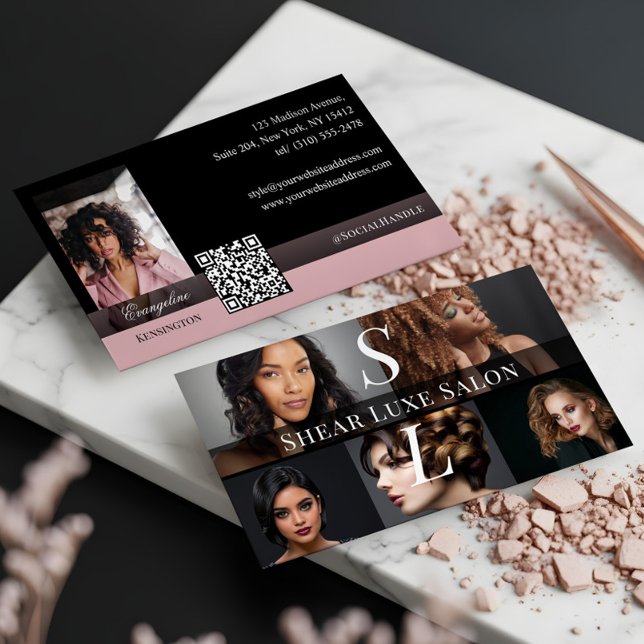 Photo Hair Salon Stylist Luxe Monogram Black Pink Visitenkarte (Photo Hair Salon Stylist Luxe Monogram Black Pink Business Card)