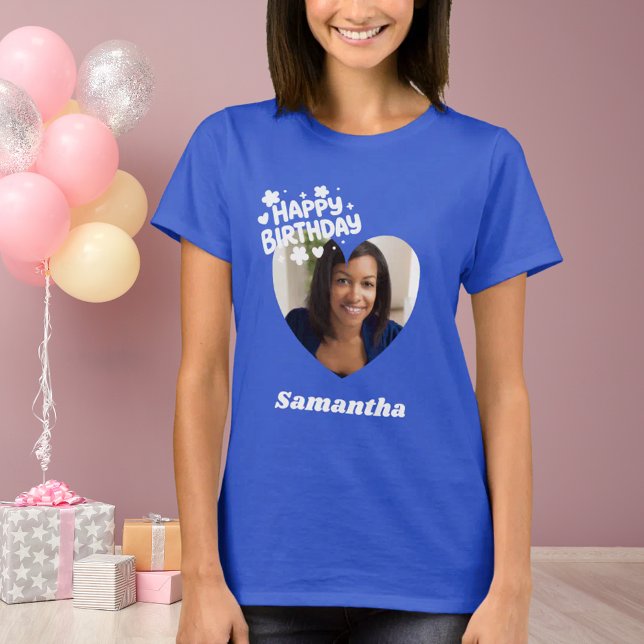 Photo heart name birthday blue T-Shirt (Von Creator hochgeladen)