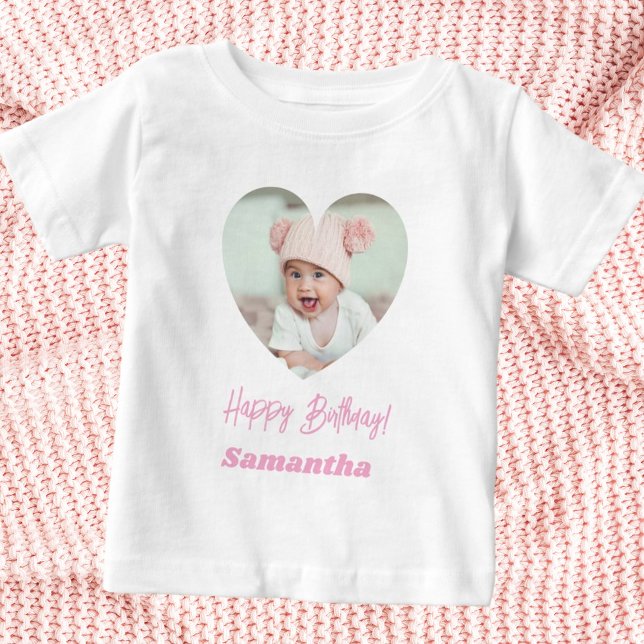 Photo heart name birthday girl pink baby t-shirt (Von Creator hochgeladen)