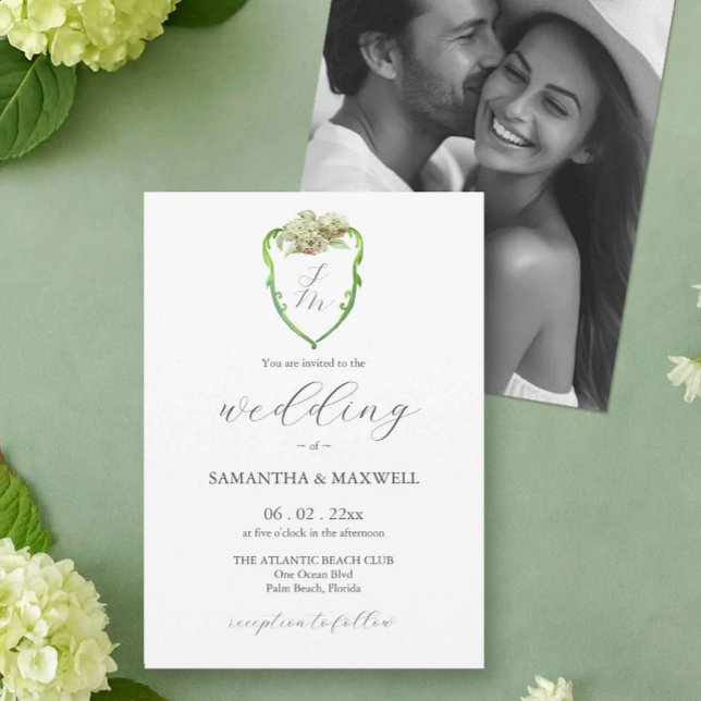 Photo Hydrangea Wedding Monogram Invitations Einladung (wedding monogram invitations with green and white hydrangeas by Victoria of Do Tell A Belle)