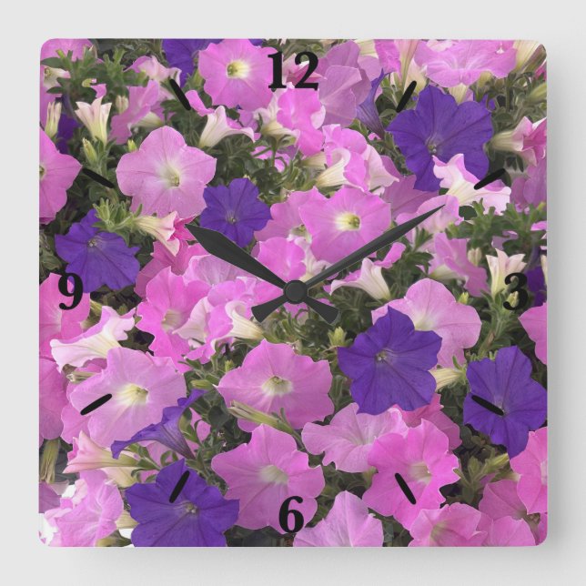 Photo Image Of Morning Glory Pink & Purple Flowers Quadratische Wanduhr (Vorderseite)