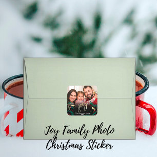 Photo Joy Black Red Green Gold Greenery Christmas Quadratischer Aufkleber