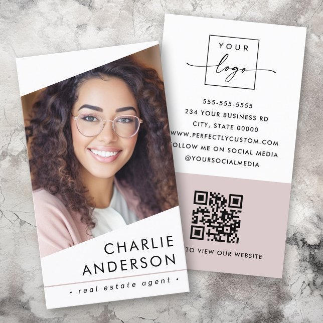 Photo logo QR code modern white light rose taupe Visitenkarte (Photo logo QR code modern white light rose taupe Business Card)