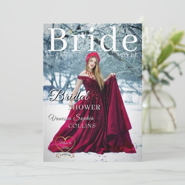 Photo Magazine Cover Bridal Shower Einladung (Stehend Vorderseite)