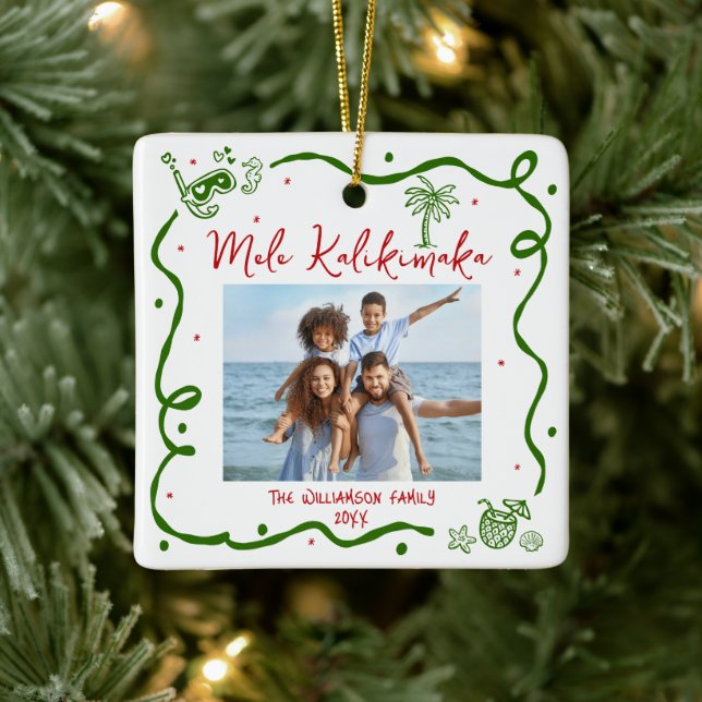 Photo Mele Kalikimaka Red Green Doodles Christmas Keramikornament (Baum)