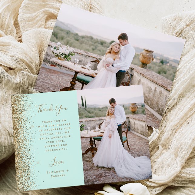 Photo Mint Green Gold Glitter Script Wedding Dankeskarte (Von Creator hochgeladen)