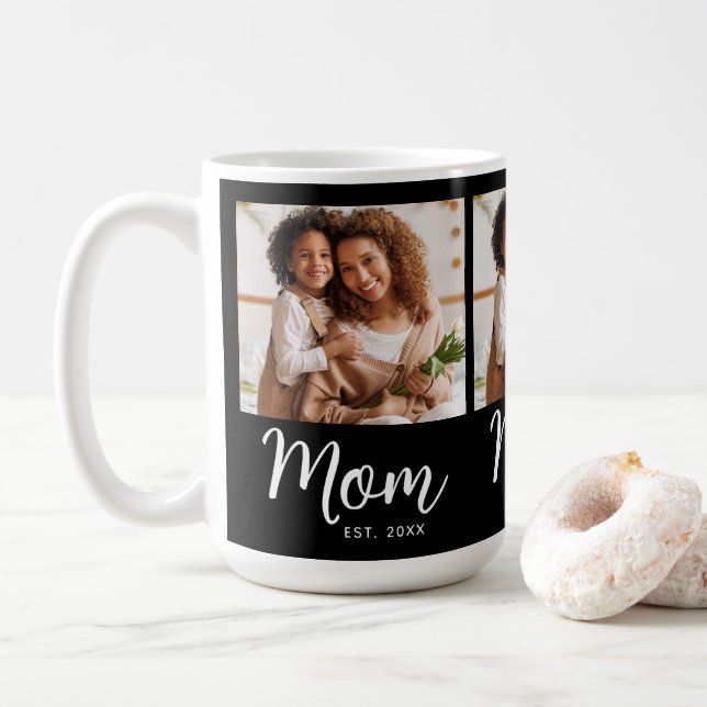 Photo Mom Established Date Black White Script Gift Kaffeetasse (Mit Donut)