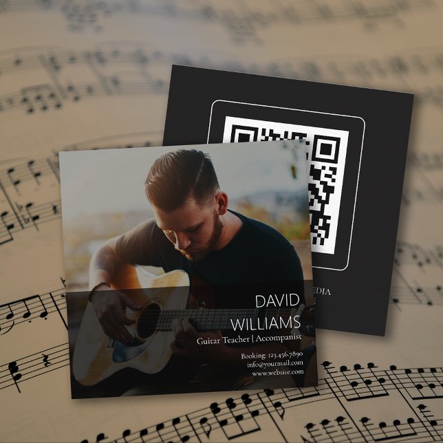 Photo Music Teacher Singer Songwriter QR Code Quadratische Visitenkarte (Photo Music Teacher Singer Songwriter QR Code Square Business Card)