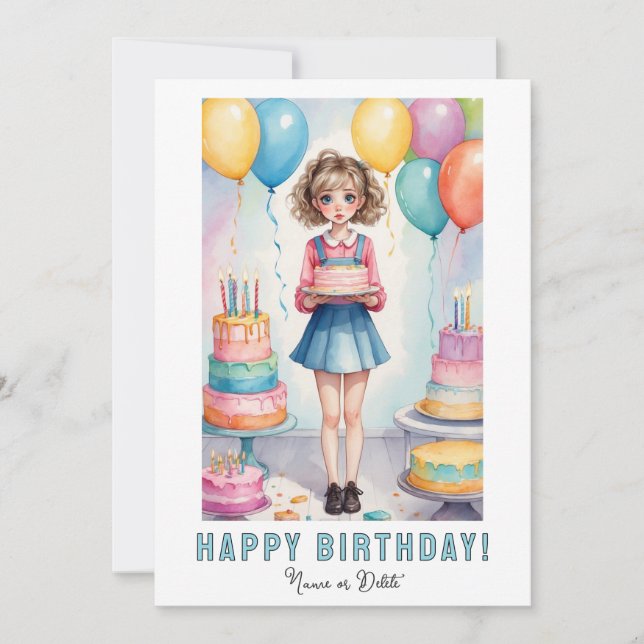 *PHOTO NAME Birthday Card Girl Cake Einladung (Vorderseite)